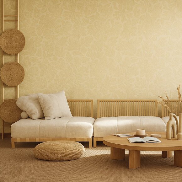 Vintage 1990s Beige Leaf Motif Wallpaper - Picture 3 of 10